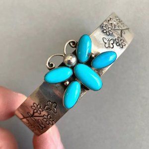 Brian Bruce Hand Stamped Sterling Campitos Turquoise BUTTERFLY Cuff Bracelet